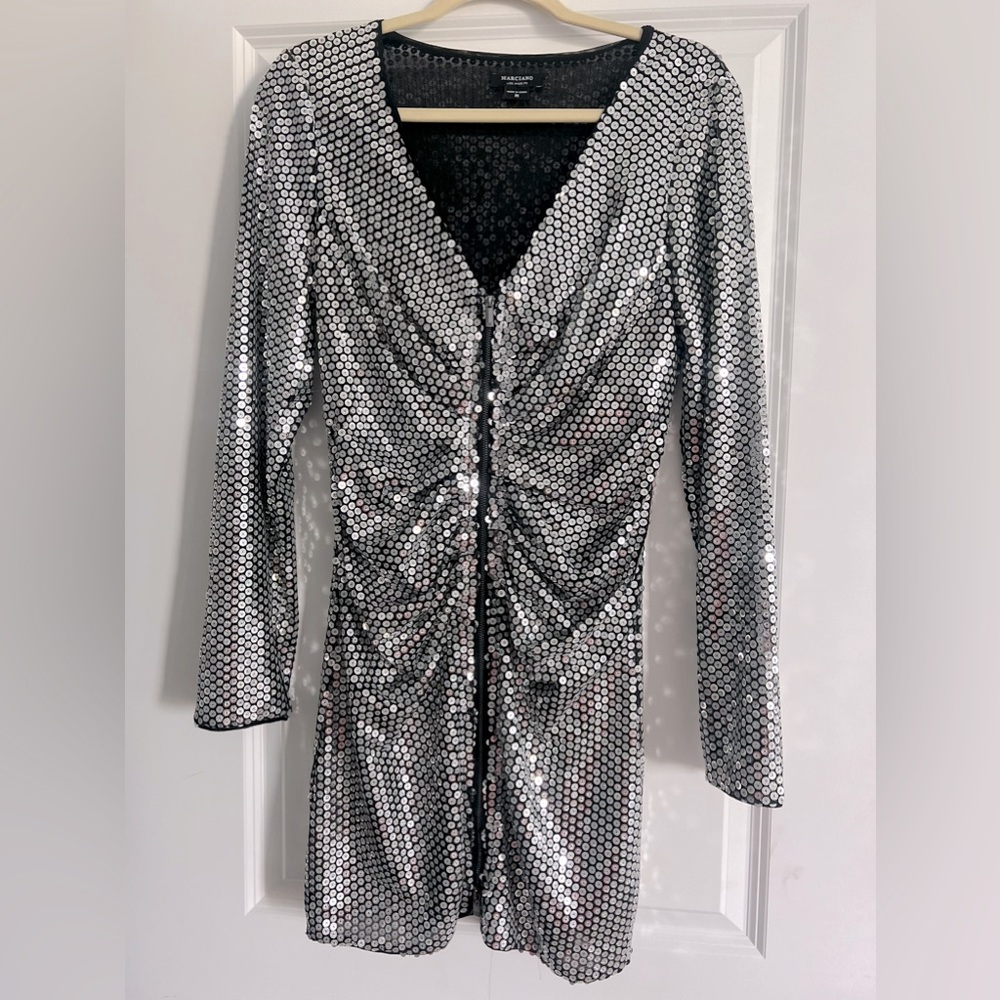 Marciano Sequin Silver & Black Front Zip Rachel Mini Dress – Size M